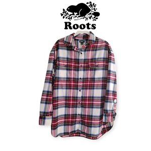 Roots women's l/s red/white/navy/black/tan striped button-up size S 100% cotton